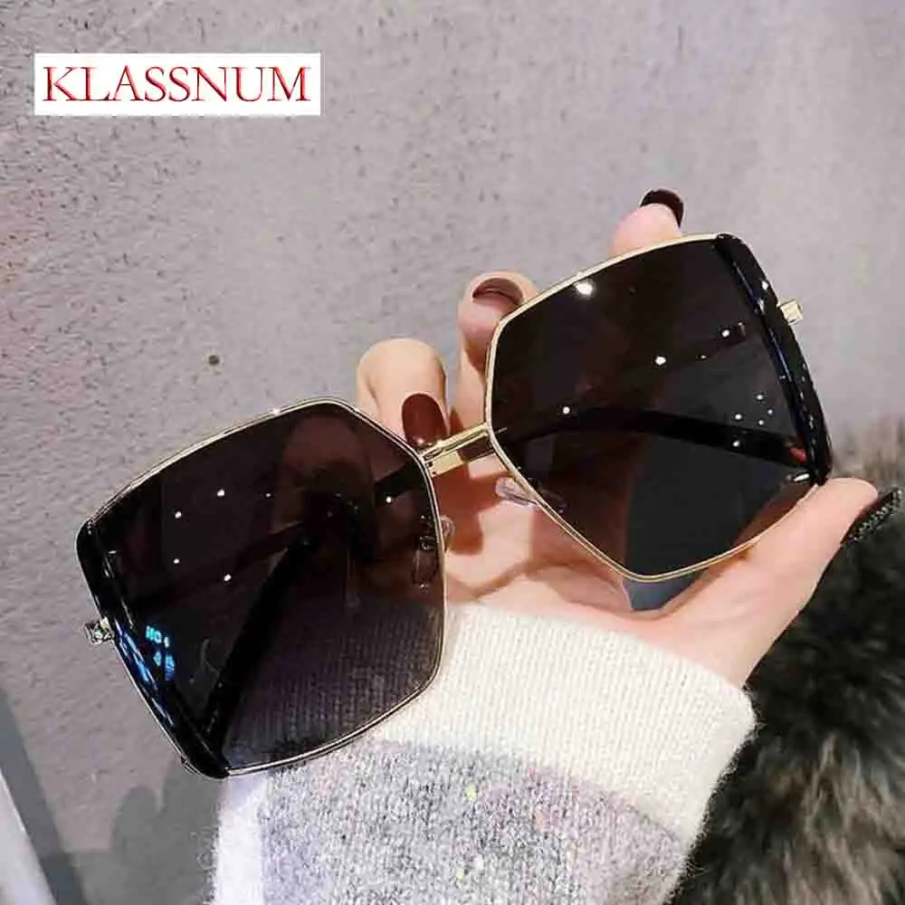 KLASSNUM Luxury Brand Large Frame Square Oversized Sunglasses Women Vintage Drive Street Shades Metal Frame Polygon glasses