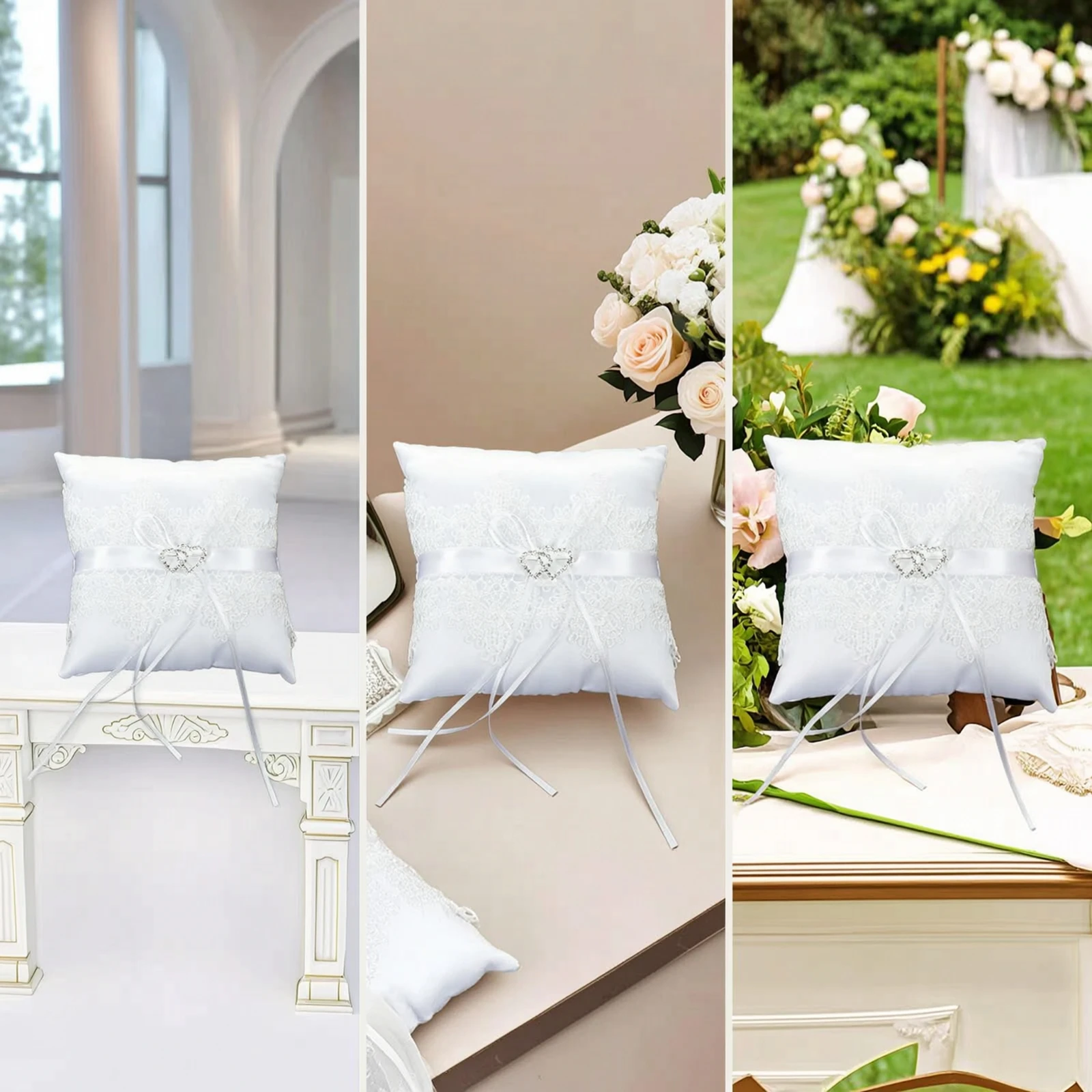 Wedding Band Pillow Square Band Bearer Pillow Rhinestone White for Brides, Engagement Party