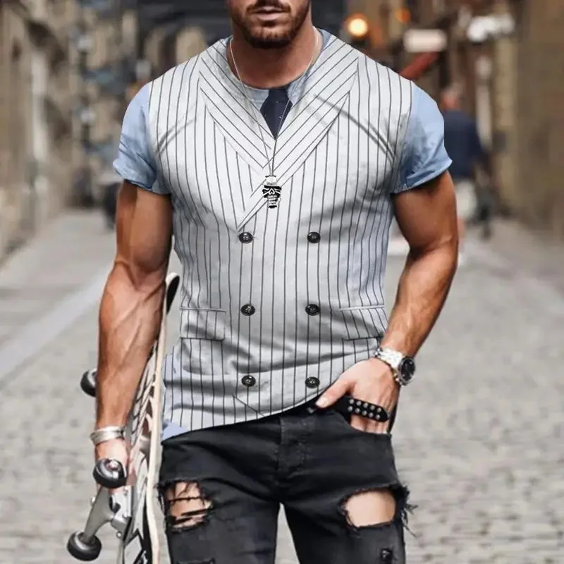 Fashionable and Lnteresting Western Suit Pictures For Men\'s T-Shirts Trend Digital Printing Casual Round Neck Short Sleeved