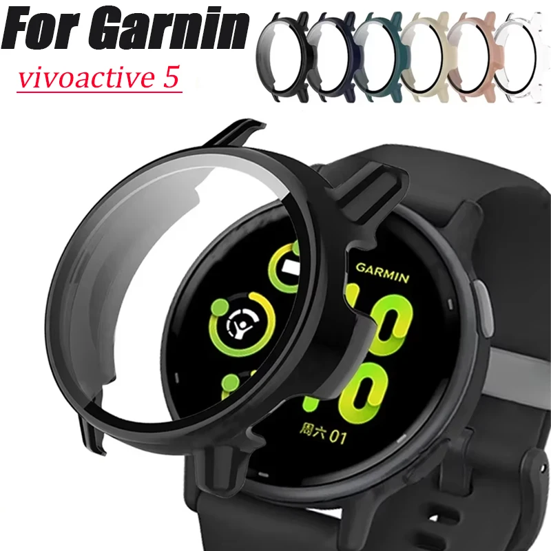 حافظة جديدة من الزجاج المقسى + PC لهاتف Garmin Vivoactive 5 مضادة للخدش واقي للشاشة غطاء حماية لـ Garmin Active 5 Shell