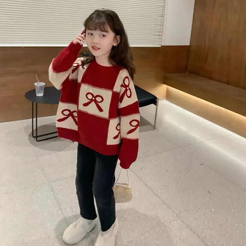 Girls Red Chinese Style Autumn And Winter Thickened Knitted Sweater Kids Bow Warm  New Sweater Top Outfits Tops Childre Clothing