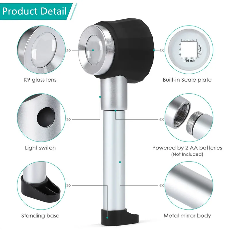 Handheld Illuminated Loupe Glasses Magnifier With UV Light Dermatoscope Clear Vision Measure Scale Optical Magnifying Glass