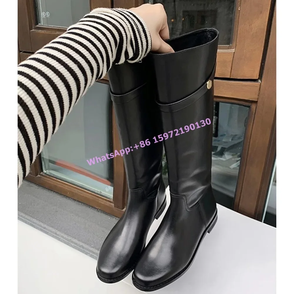 Belt Black Long Boots Round Toe Square Heels Slip On Metal Button Flat with Knee High Boots Hotties Leisure Winter Shoes image 4