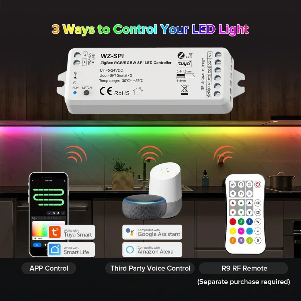 tuya zigbee spi led strip lights controller controle remoto rf wz spi kit r9 dc524v dimmer para rgb rgbw pixel ws2811 2812b 01