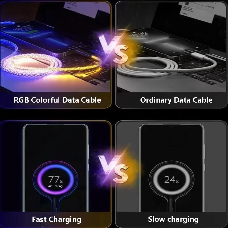 1M Fast Charging RGB Breathing Luminous Gradient Light Data Cable 60W TYPE-C Charger For iPhone 15 Xiaomi Samsung POCO PD Cord