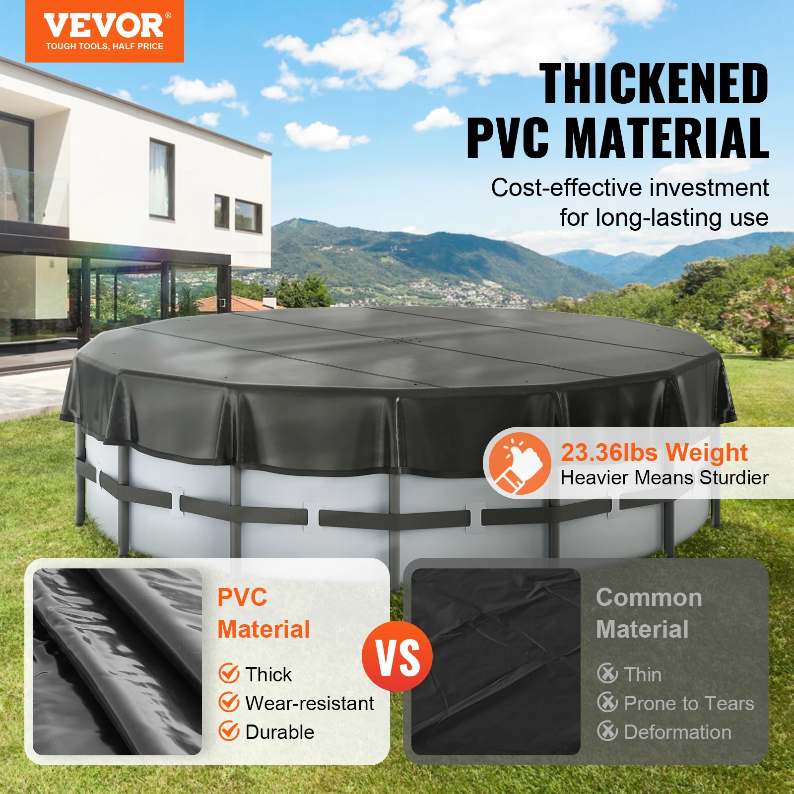 VEVOR 18/15Ft Round Pool Cover Solar Covers for Above Ground Pools Safety Pool Cover with Drawstring Design Black