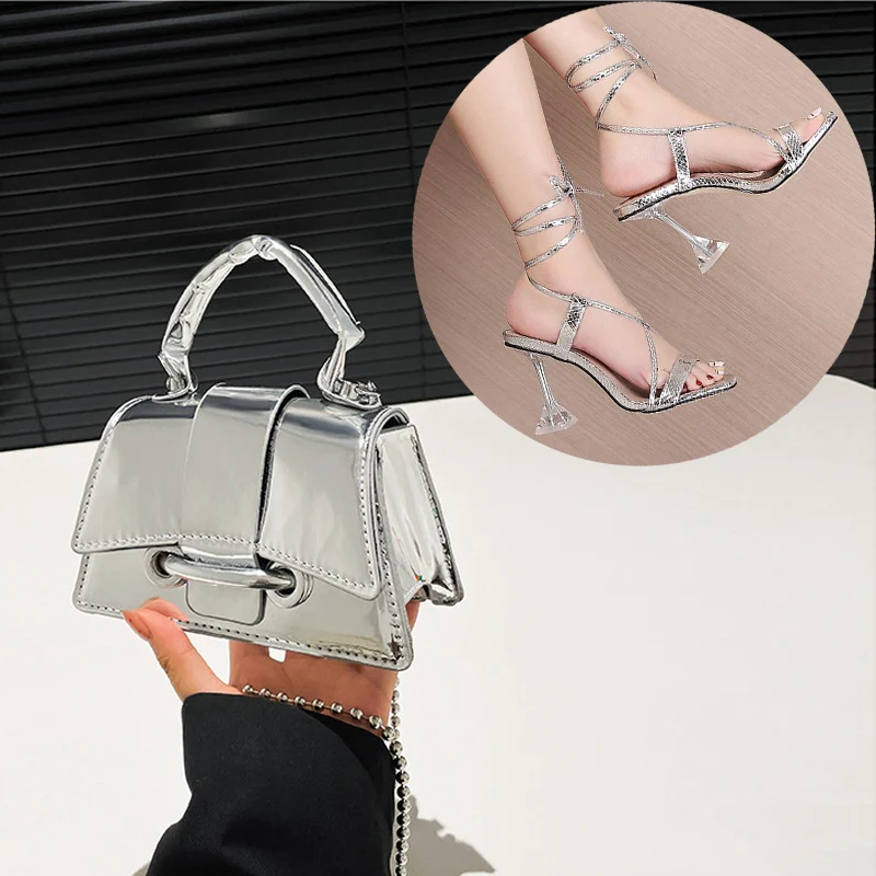 الزجاج والصيف موضة جديدة نمط مربع حزام الرأس صنادل عالية الكعب الصنادل حزام كريستال كبير حقيبة كتف حقيبة صغيرة عادية #2