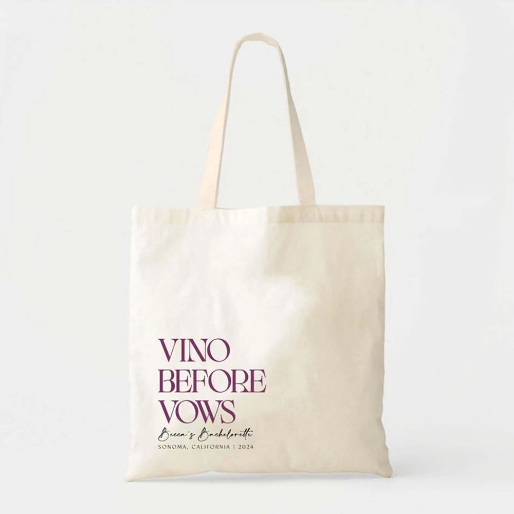カスタムブライドトライブトートバッグ「vino-before-vows」キャンバストート、パーソナライズされたビーチウェディングトート、花嫁団「ブライドスクワッド」独身最後のパーティー用ハンドバッグ