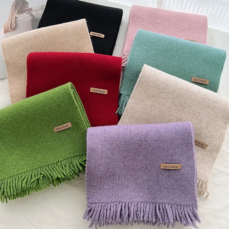 

Новая корейская версия, однотонный вязаный шарф для мужчин и женщин, разноцветные шарфы с бахромой из искусственного кашемира, пара, теплый глушитель, женский