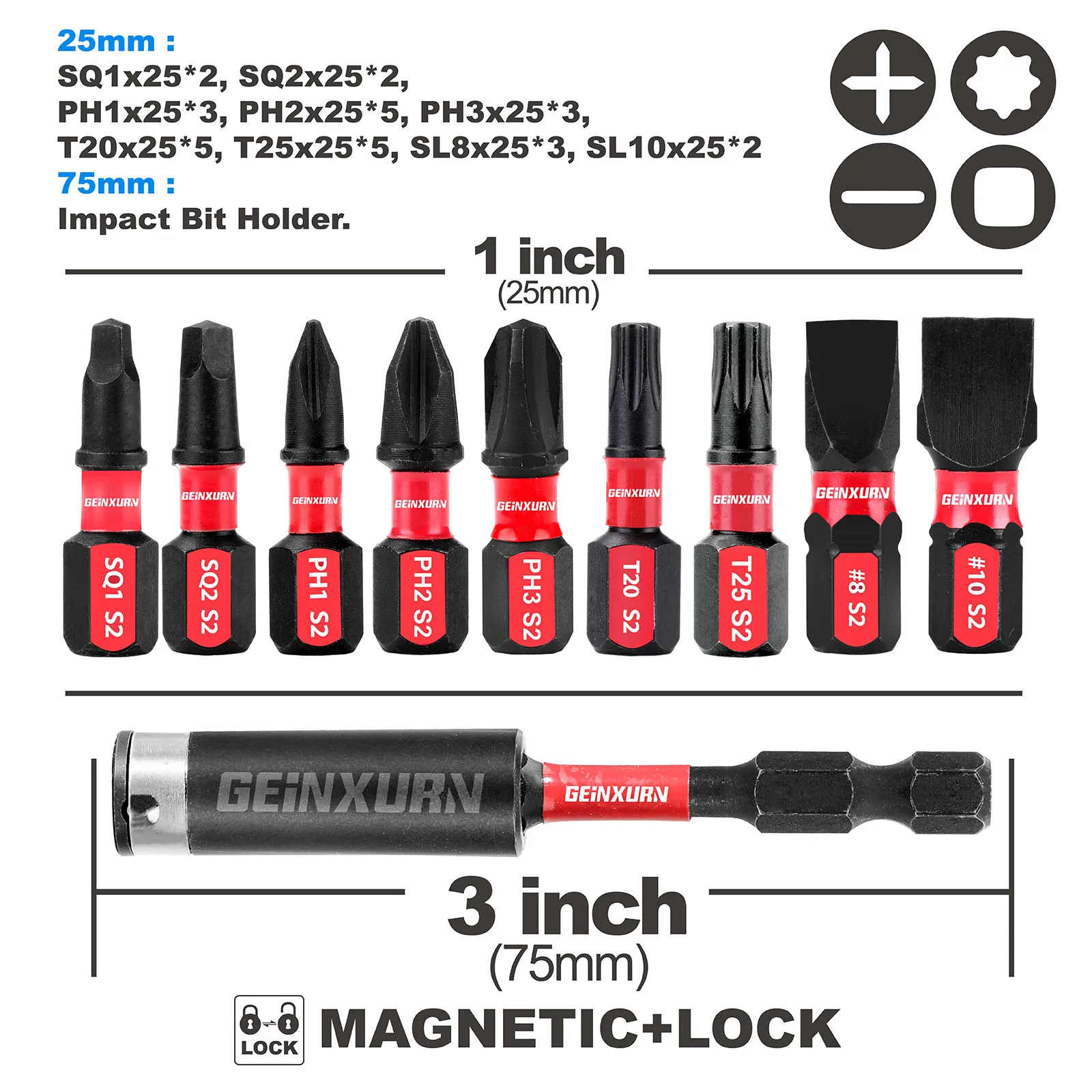 GEINXURN 1Inches Impact Insert Bit, S2 Steel Impact Magnetic Power Bit with 3Inches Impact Bit Holder and Box