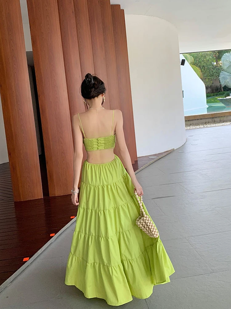 Sexy Hollow Out Green Dresses Summer 2023 Sleeveless High Waist Solid Designer New In Clothes Midi Dresses Robes Femme vestidos