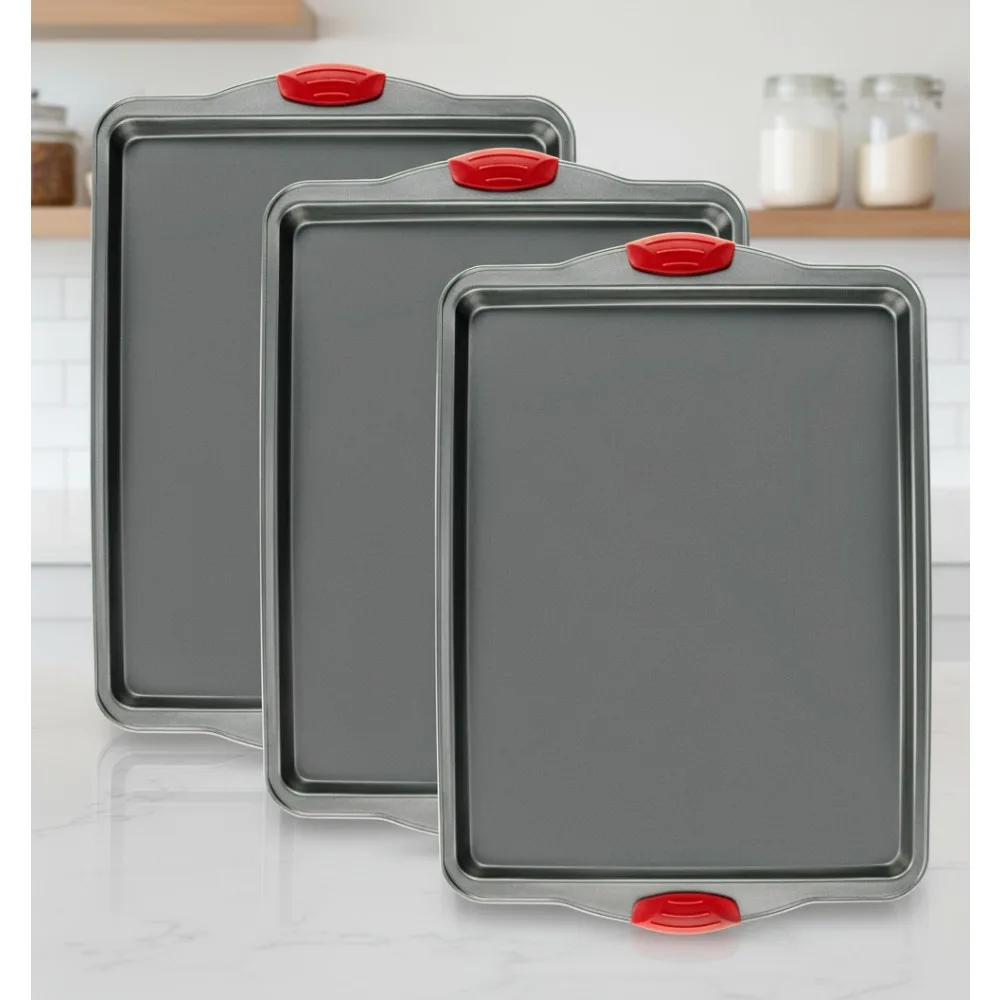 

3-Piece Nonstick Baking Sheet Set - Heavy-Duty Carbon Steel, Warp & Rust Resistant for Perfect Cookies, Roasting