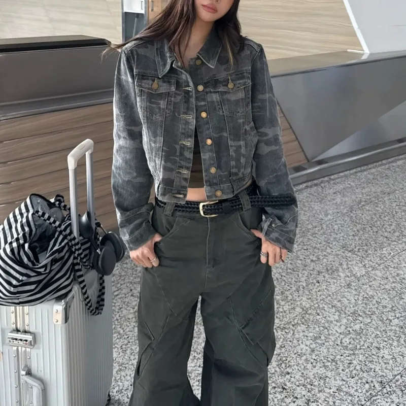 Damen-Jeansjacke, Herbst-Neuheit, Koreanischer Stil, Cooler Look, Trendige Vielseitige Arbeitsjacke, Damen-Camo-Denim, Locker Geschnittener Mantel – Detail 5