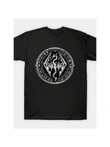 Skyrim Logo Graphic T Shirt  Soft Cotton Retro Anime Design Black With White Intricate Pattern