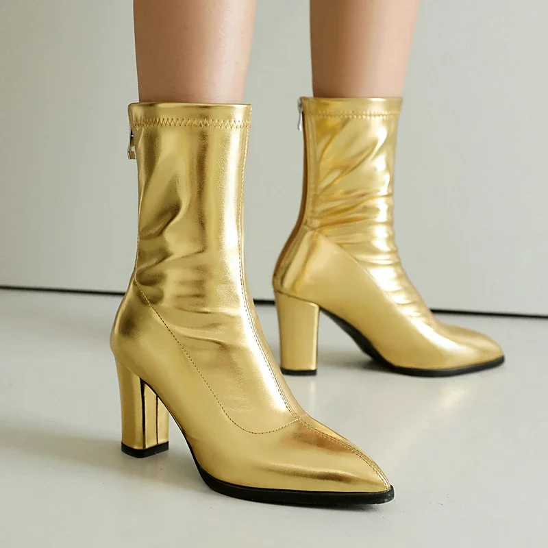 Golden Silver Stretch Socks Botines Big Size 44 43 Zipper Back Pointed Toe Block High Heels Sexy Fashion Women Ankle Boots