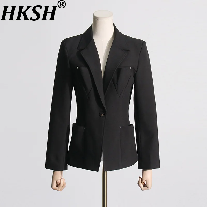 

Женский шикарный блейзер HKSH с отложным воротником, длинными рукавами, приталенный, с карманами, элегантный модный жакет, новинка весны HK19931