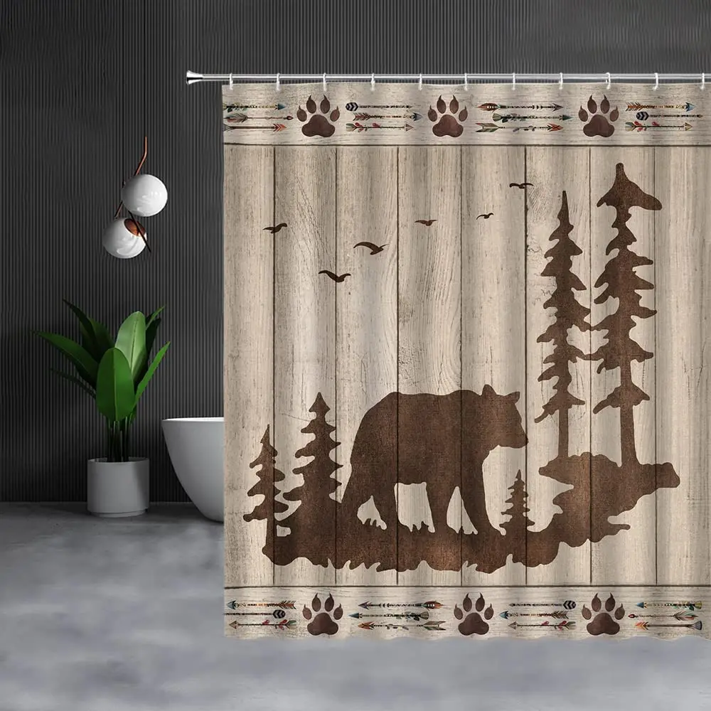 Bear Shower Curtain Wild Animals Rustic Cabin Forest Farmhouse Country Lodge Claw Hunting Wood Plank Bathroom Curtains with Hook