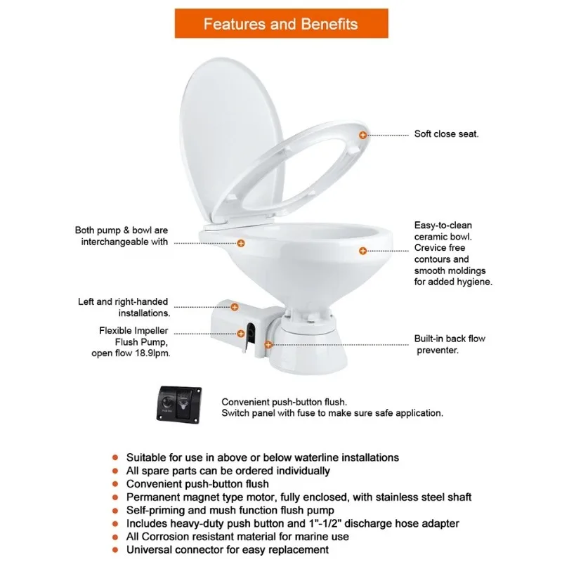 Modern Electric Macerator Toilet for Yacht & Marine 12v 24v Self-Priming Square Bowl P-Trap One Piece Structure for Boats