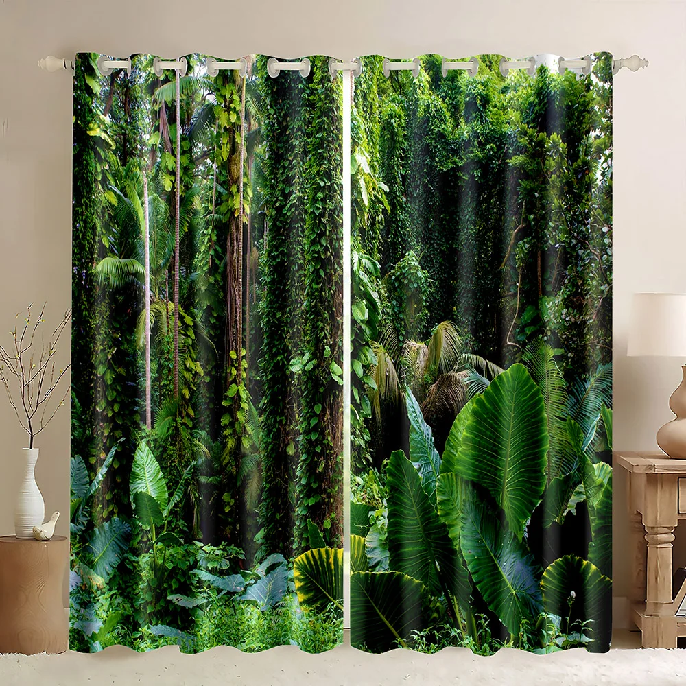 Forest Tree Landscape Window Blackout Curtains with Jungle Wild Nature Flourishing Botanical Print Pattern for Living Room