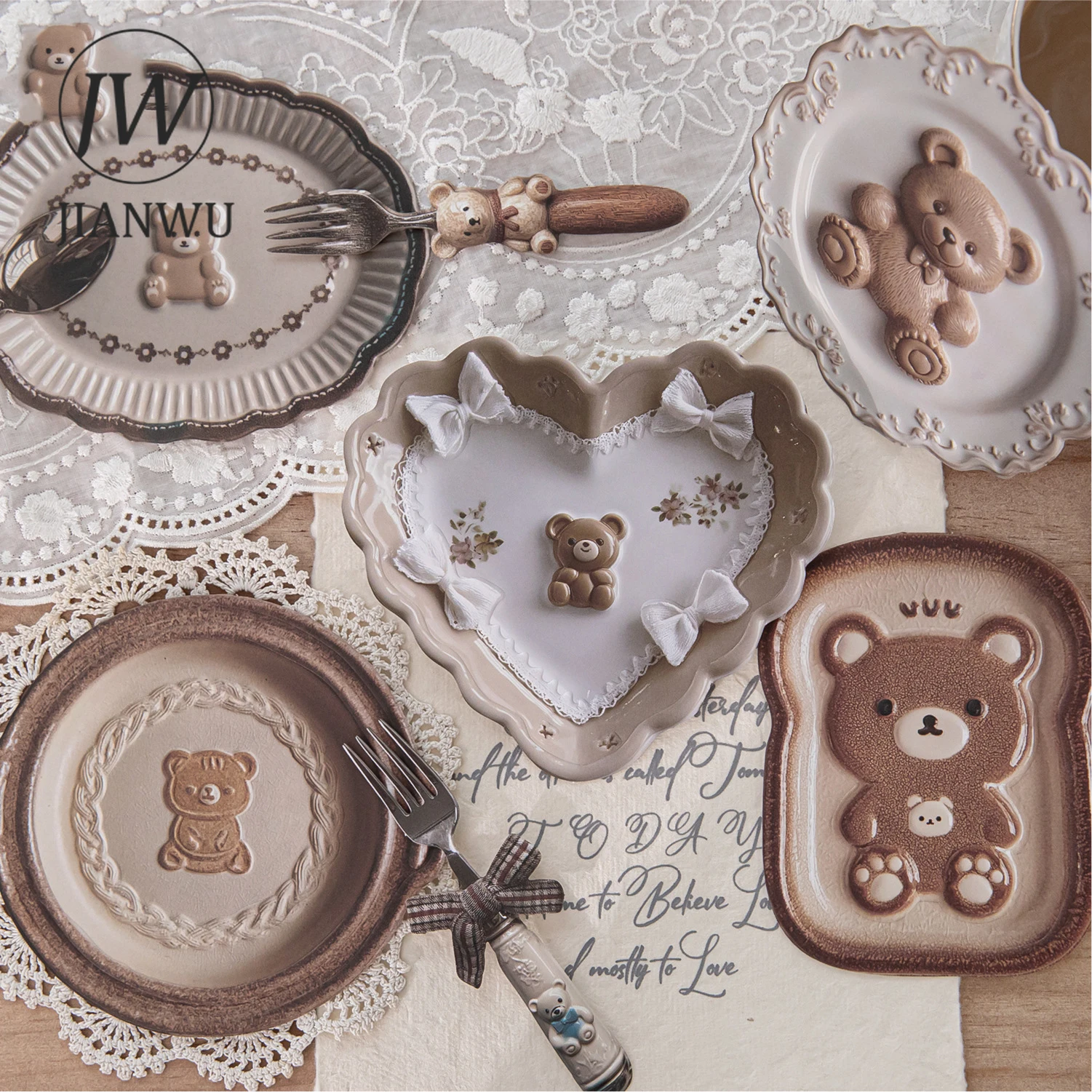 JIANWU Tableware Utopla Series Kawaii Relief Flower Plate Landscape Material Collage Sticker Creative DIY Journal Stationery