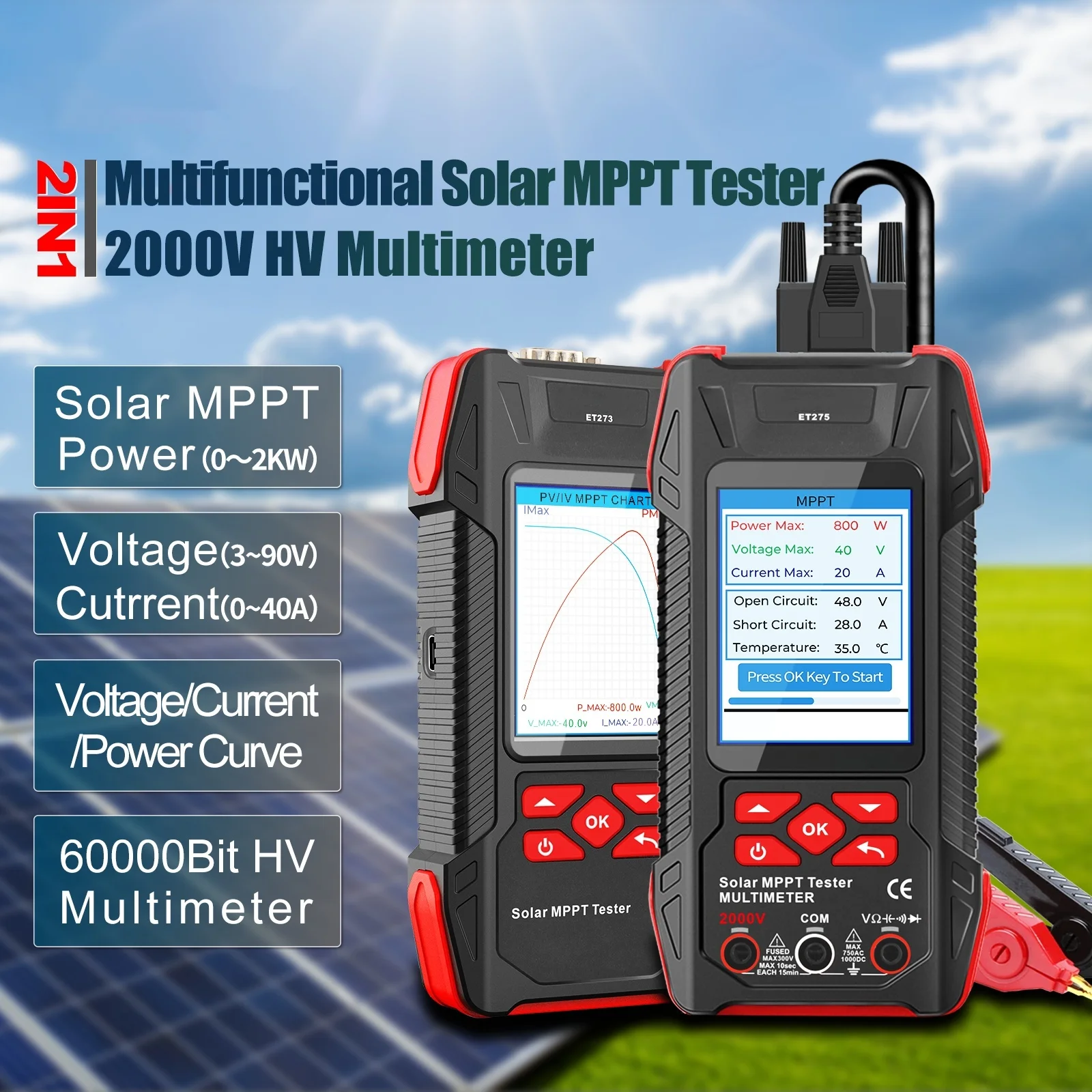 ET27 Multifunctional Solar MPPT Tester 2000W Portable Multilingual Panel Tester Photovoltaic Module Fault Diagnosis Solar Meter