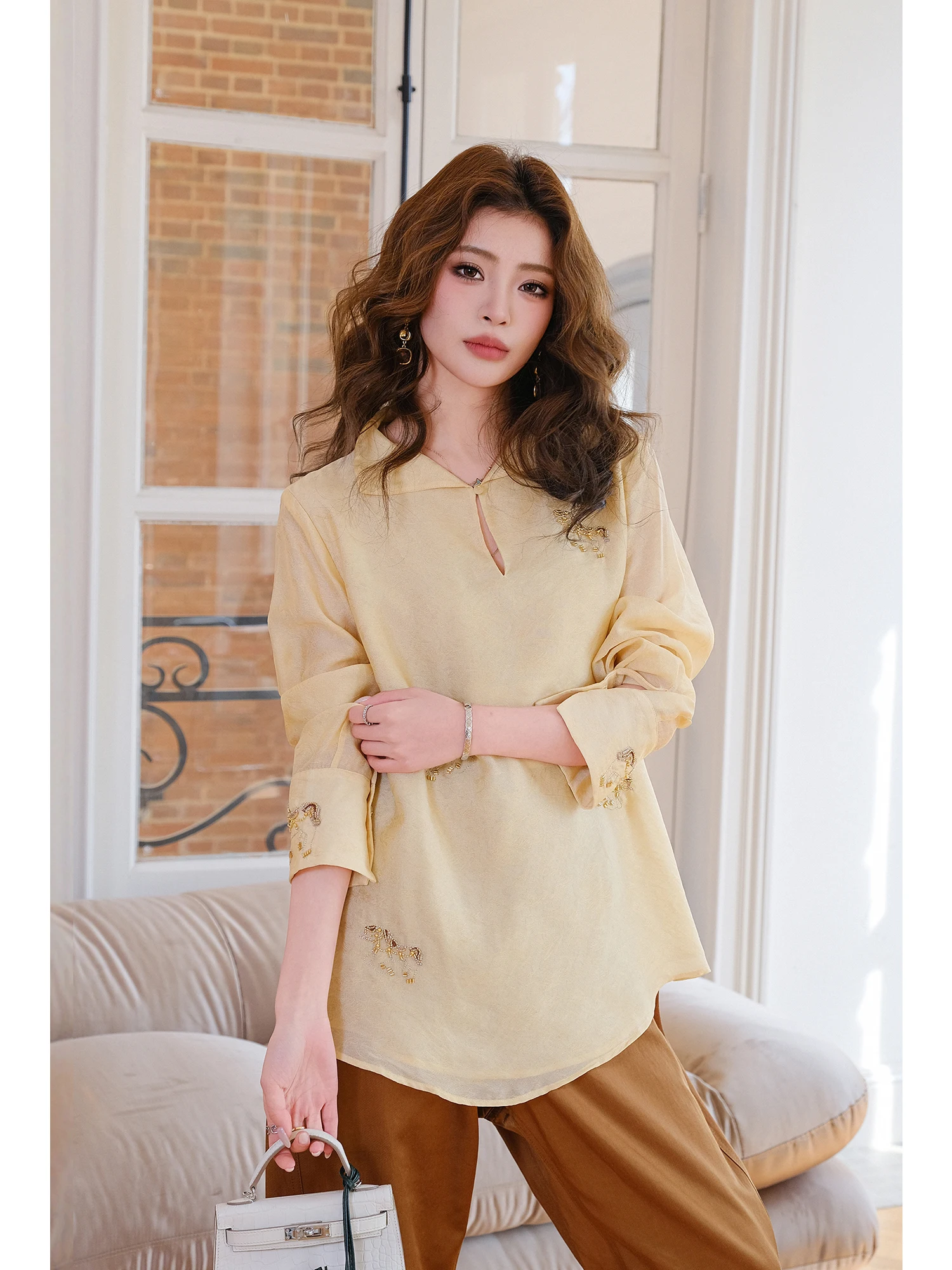 

MIUCO Retro Chinese Style Long Sleeve Silk Embroidery Heavy Beading Loose Slimming Women's Shirt Breathable Comfortable Skin-...