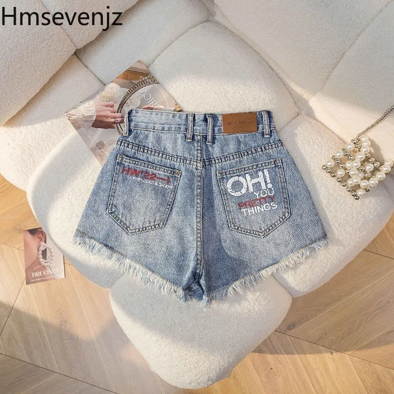 

Hmsevenjz American Light Blue Denim Shorts Women's Spring and Summer High Waisted Printed Graffiti Hole Shorts Female Clothes