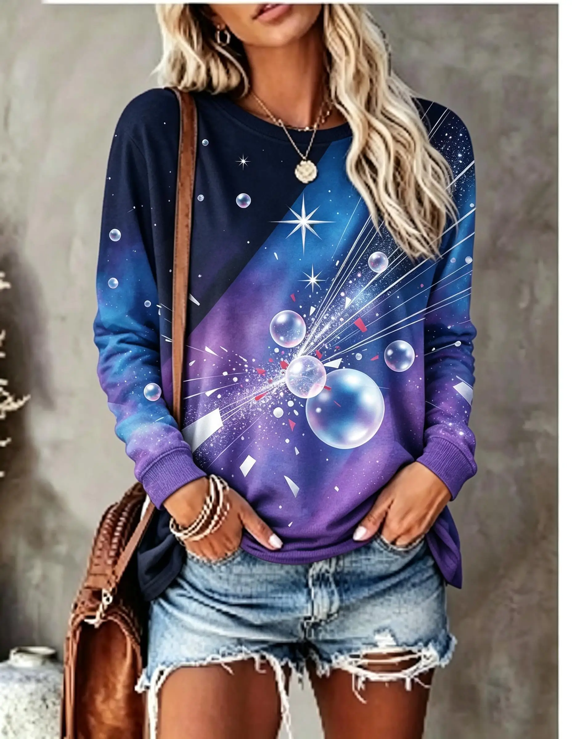 Women Long Sleeve T‑Shirt Golden Geometric Crystal Bubble Star Glitter Print Crew Neck Casual Tops