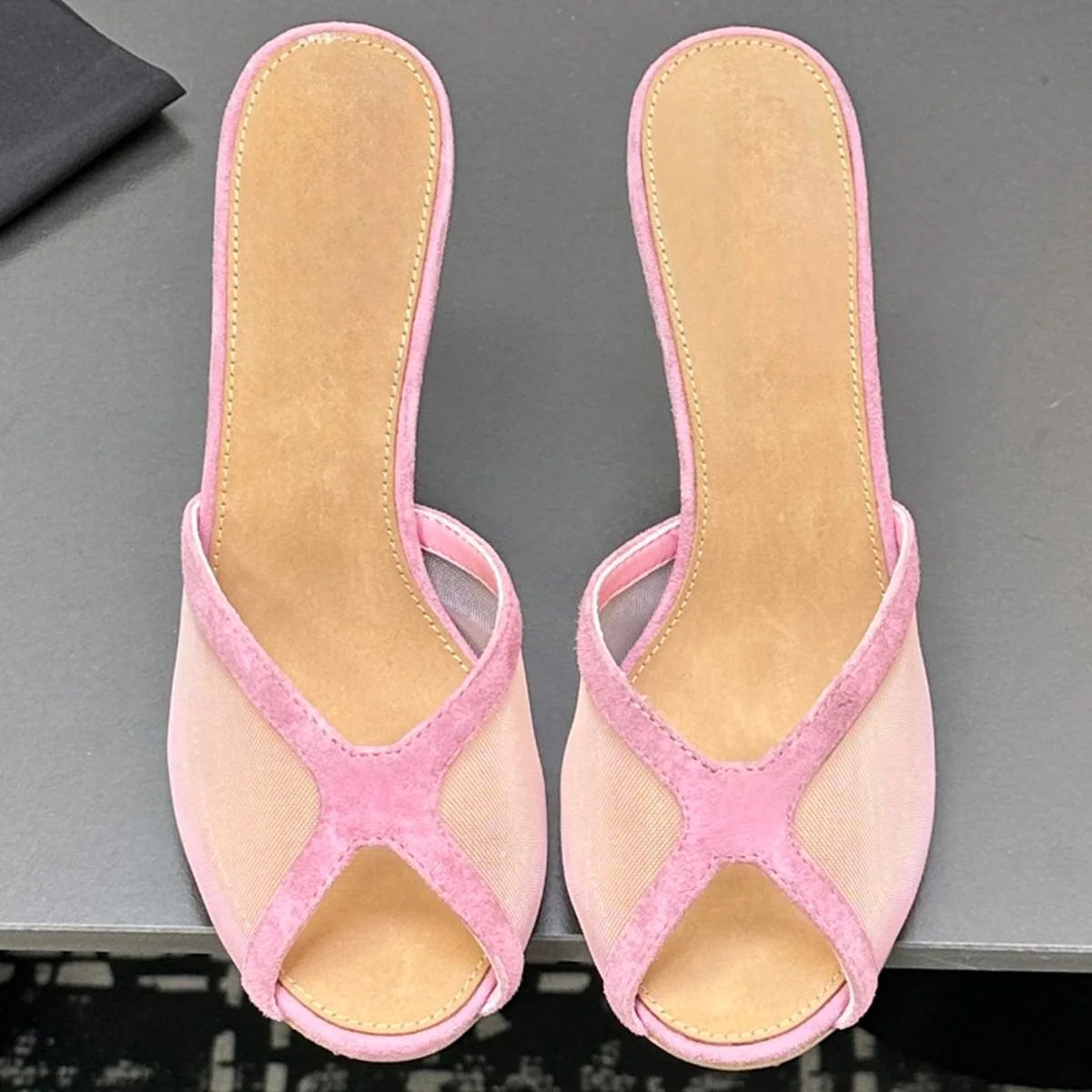 

2026 Women's Mesh & Suede Peep Toe Mules, High Heels Elegant Comfortable Slip-On Retro Summer Casual Shoes YYT25032104