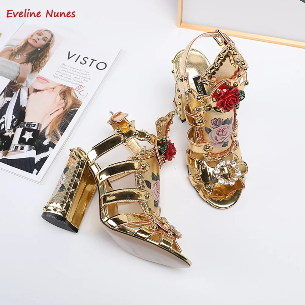 Gold Print Rose Sandals 2024 Summer New Arrival Rhinestones Thin High Heel Round Toe Ankle Strap Buckle Model Women\'s Shoes