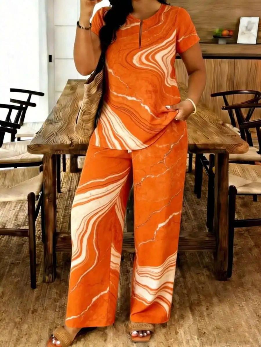 

Orange White Marble Print Womens Notch Neck Short Sleeve Wide Leg Pants Set Polyester Lightweight Breathable