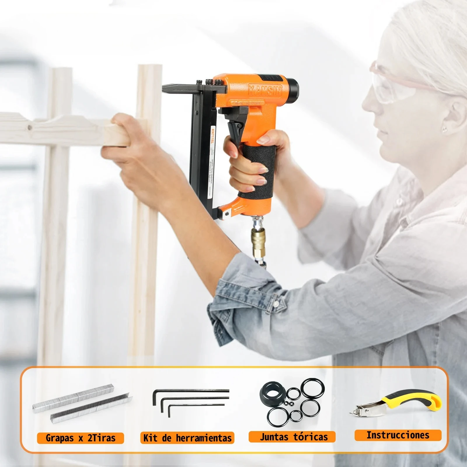 Air Stapler KN7116L with Long Nose 9.1mm Crown 6-16mm Length Pneumatic StaplerUpholstery Staple Gun Tools for Woodworking