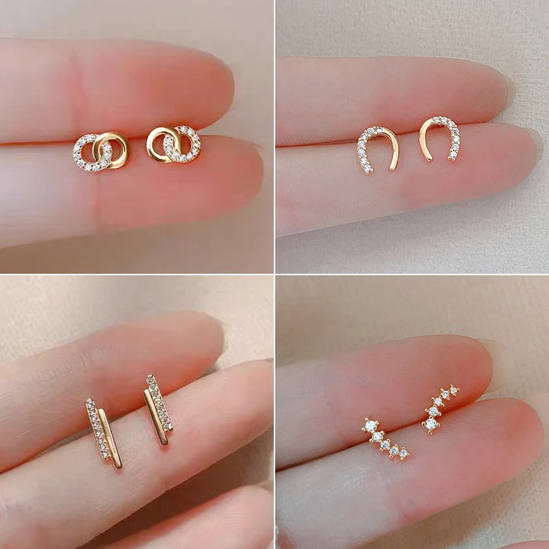 Gold Color Inlaid Zircon Irregular Shape Stud Earrings for Women Shiny Simple Ear Piercing Daily Wear Jewelry Accessories Gift