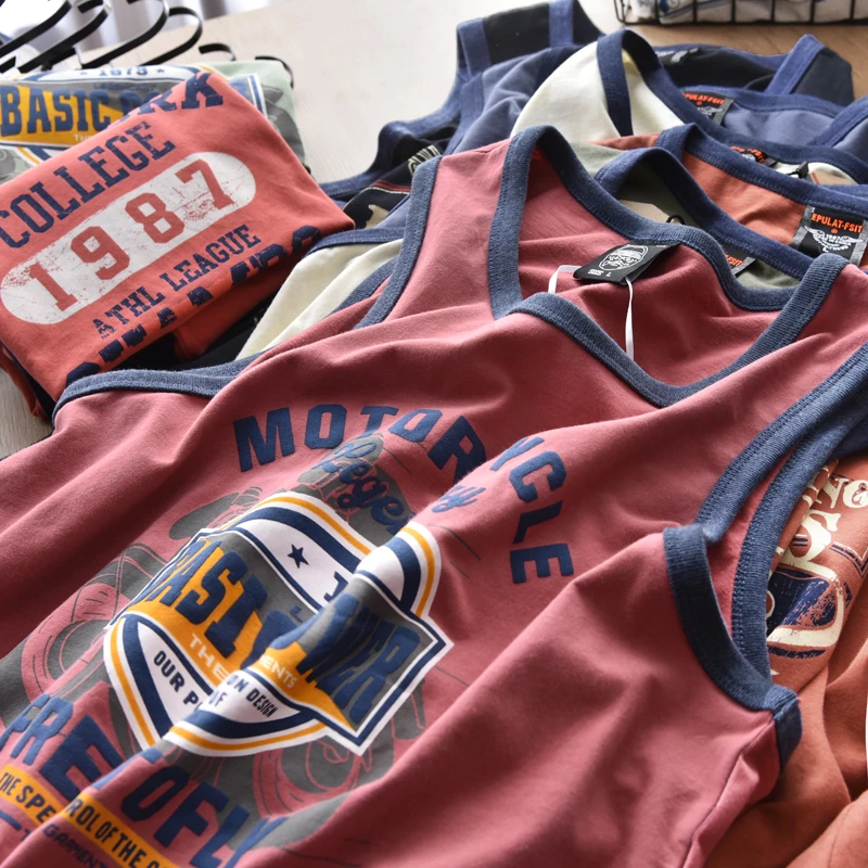American Letter Print 100% Cotton Sleeveless Vest for Men Vintage Summer Casual Loose Versatile Camisole T-shirt Tees Tank Tops