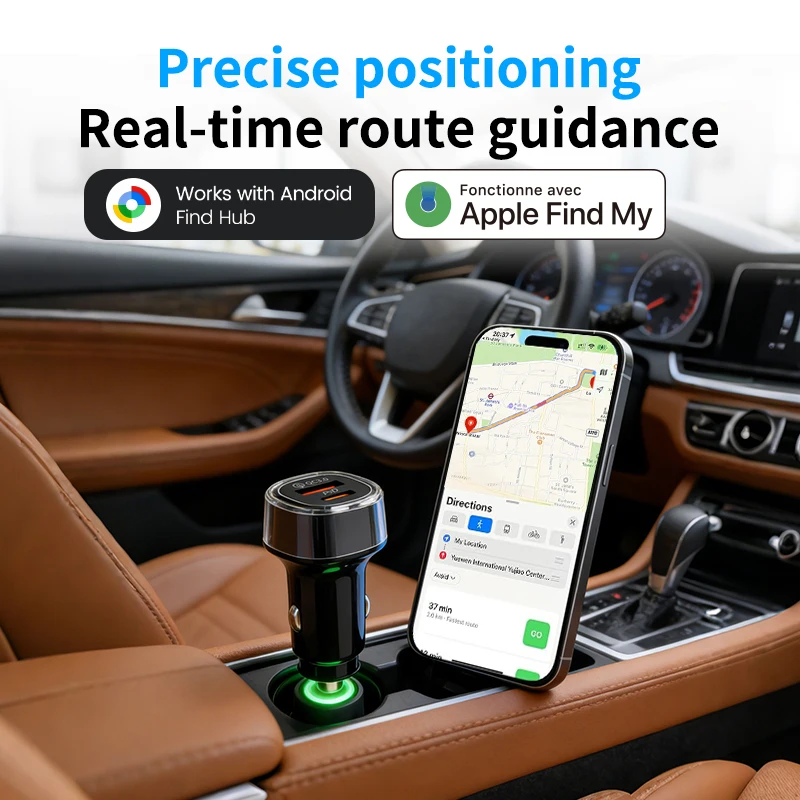 Universal Car Phone Charger USB Type-C 30W USB Quick Charging Adapter GPS Locator Tracker For IOS or Android System Find Hub App