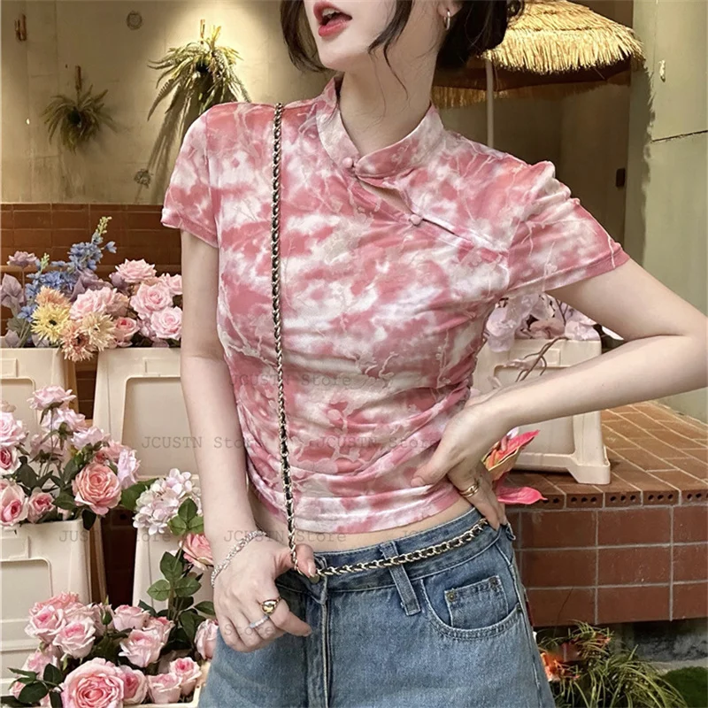 

Chinese Style Vintage Qipao Top Velour Print Shirt Lady Sexy 2Yk Cheongsam Costume Summer New Blouse Improved T-Shirt