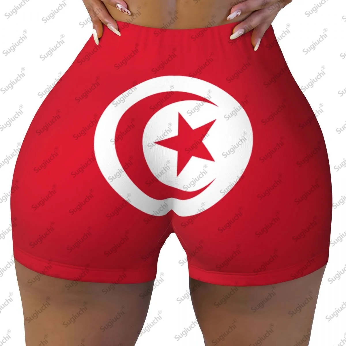 2026年チュニジア国旗柄ヨガショーツ レディース ワークアウト スクランチバットリフティング ハイウエスト ジム ランニング ショートパンツ