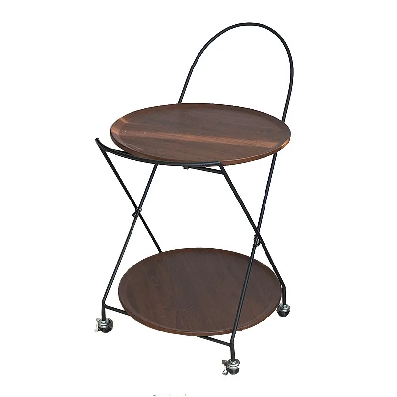 Vintage Home Storage Shelf for Living Room Sofa Side Table Double Tier Mobile Wooden Tray Cart