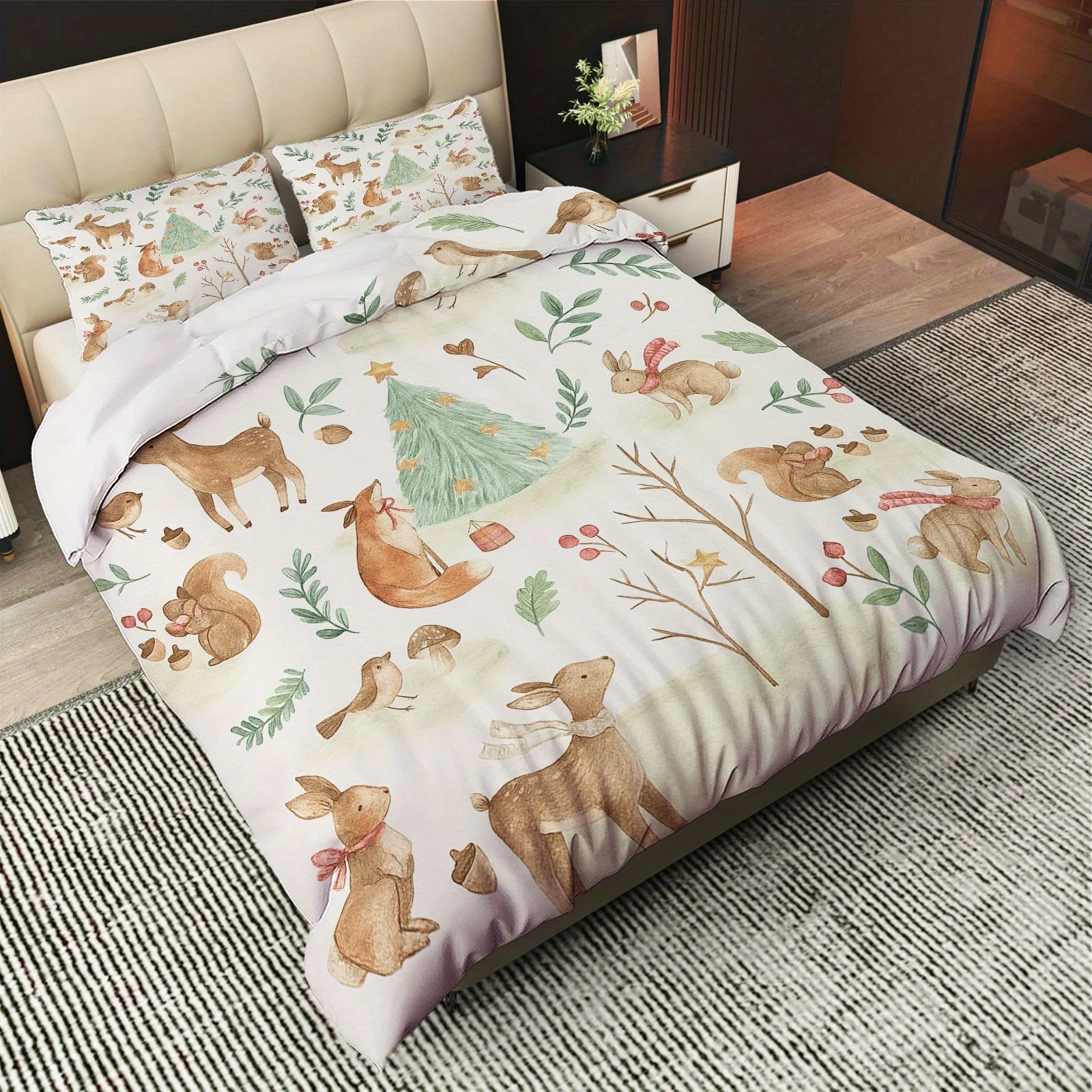 Soft Duvet Cover Set of Three, 2D Flat Printed Duvet Cover Set, Forest Animal Holiday Nature Leaf Theme Duvet Cover Bedding Set, Suitable for All Seasons, Machine Washable, Invisible Zipper, Large Duvet Cover Set, Bedding Set, Quilt Cover