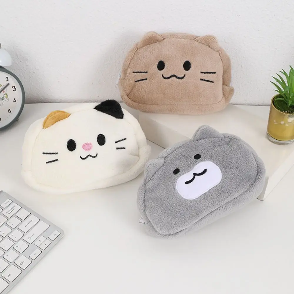 

Office Use Large Capacity Smile Cat Pencil Bag Zipper Blue Cat Plush Pencil Case Kawaii Cartoon Cat Makeup Bag School Supplies