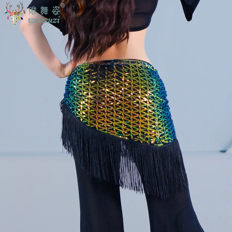 Belly Dance Training Hip Scarf Tassel Sequins Triangle Skirt Practice Clothes Female Adult Elegant Belt Performance Accessories