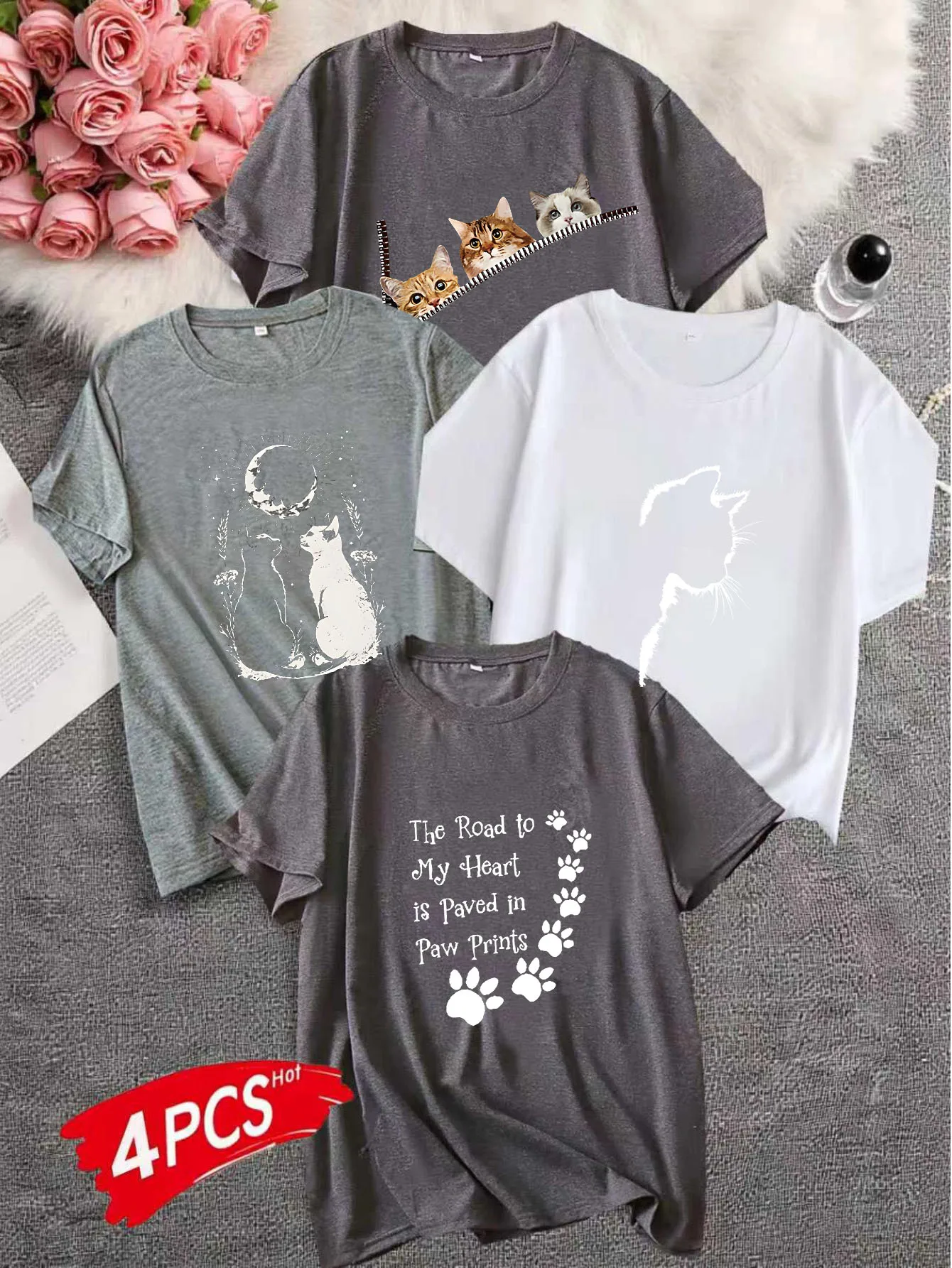 

（4pics）Women's Large Size 1-7XL Printed round Neck Short Sleeve T-shirt Comfortable Casual Top in European Style