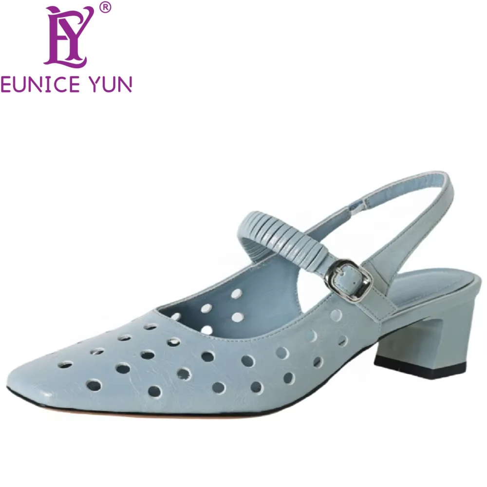 

【EUNICE YUN】новые летние женские дышащие и удобные сандалии из натуральной кожи, элегантные женские туфли на среднем каблуке 34-40