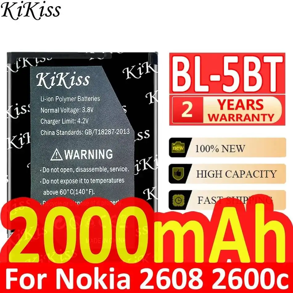 Batería de alta capacidad para teléfono móvil, 2000mAh, BL-5BT, carga rápida para Nokia 2608, 2600c, 7510a, 7510s, N75