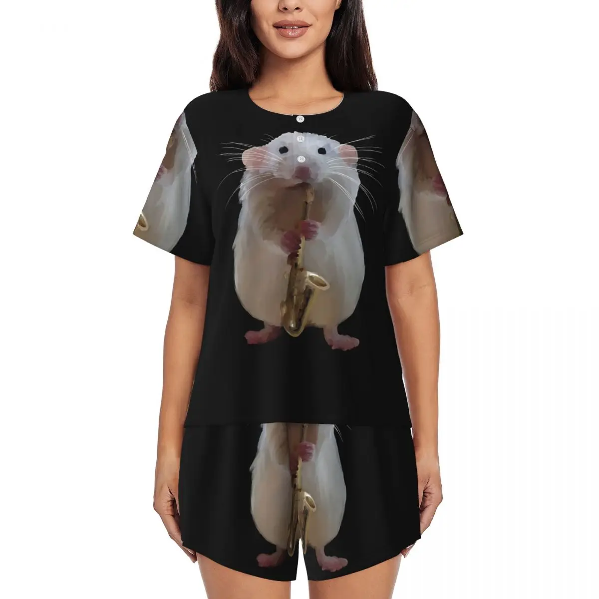 

Ночная рубашка с круглым вырезом и короткими рукавами с принтом «Крыса, играющая на саксофоне», женский мягкий пижамный комплект с короткими штанами