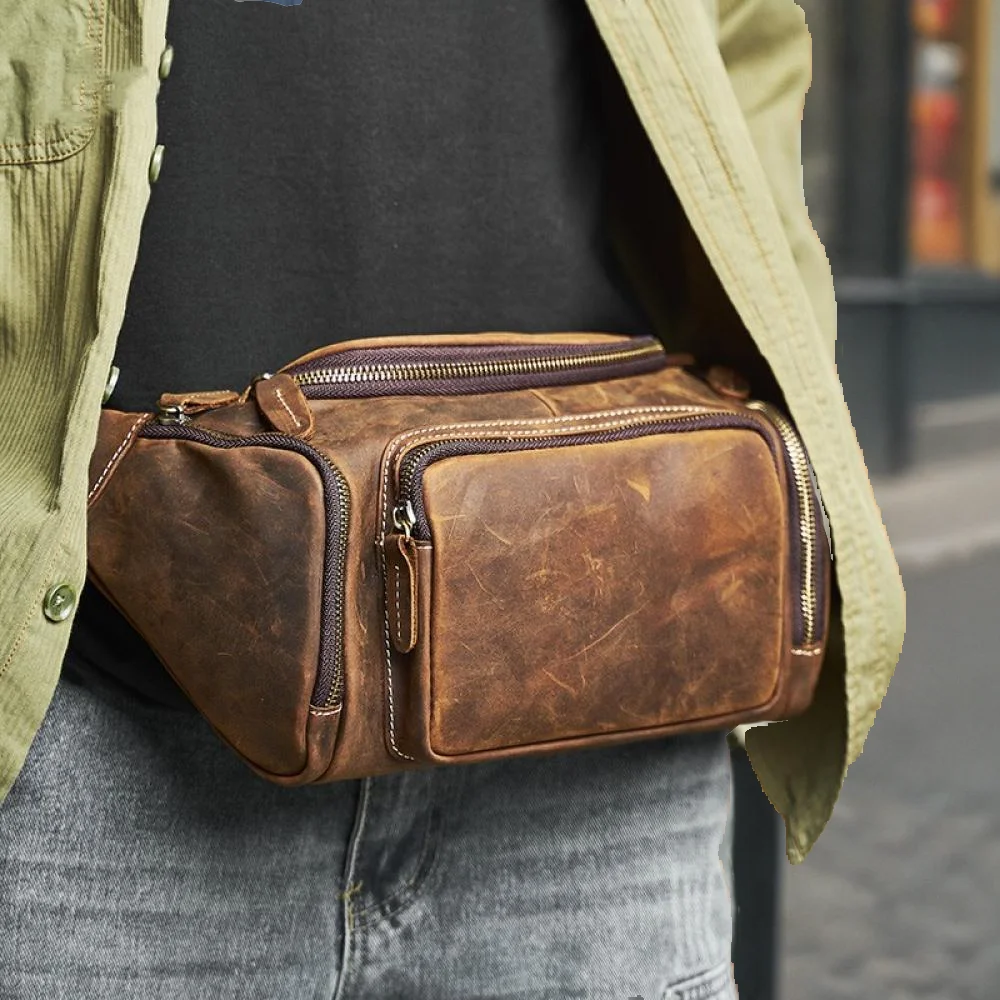 Nupugoo Leder Hüft tasche Herren Retro Cross body lässige Brusttasche multifunktion ale verrückte Pferd Ledertasche – Detail 2