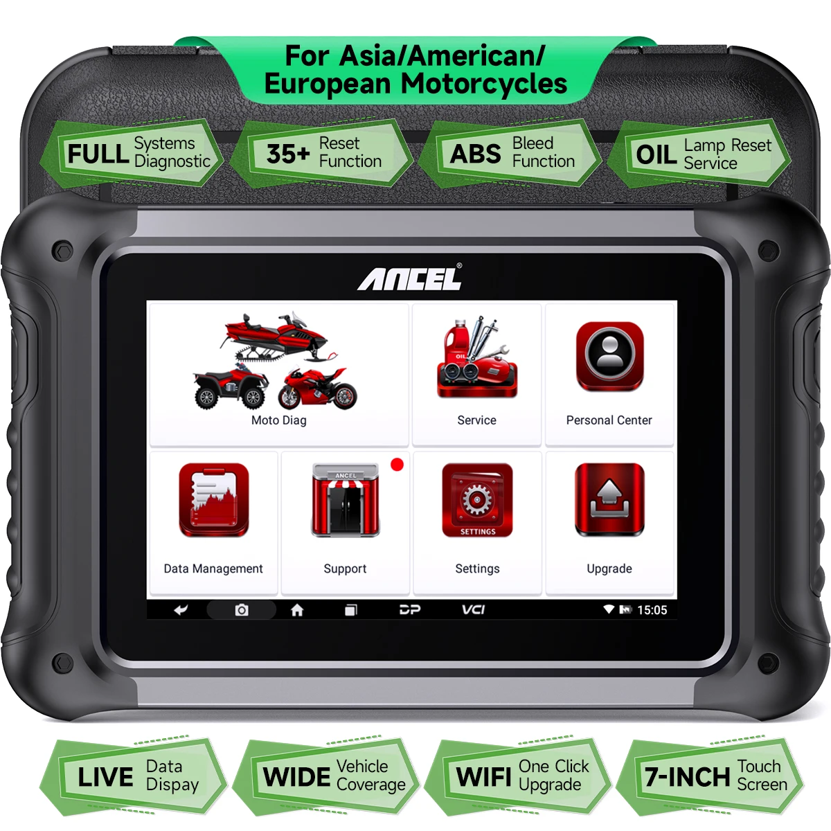 ANCEL MT700 Motorrad OBD2 Scanner Vollsystem-Ölrückstellung ABS-Entlüftung für YAMAHA, HONDA, BMW, DUCATI, HARLEY Motorrad-Diagnosegerät