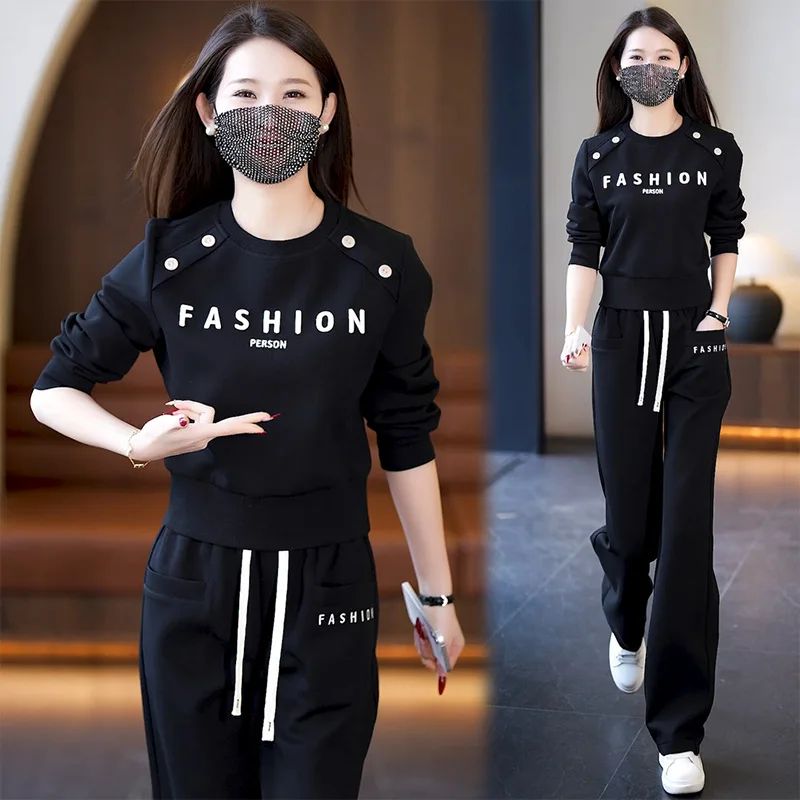 Latest Comfortable Cotton Leisure Sports Suit Lady 2025 Spring Autumn New Skinny Petite Wide Leg Pants Two-piece Set