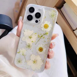 Pressed Daisy Flower Phone Case For iPhone 16 11 12 13 14 15 Pro Max XS XR 7 16 Plus Couqe Luxury Dried Flower Clear TPU Cover