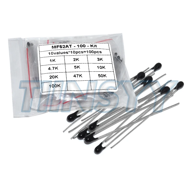100pcs=10value*10pcs NTC Thermistor Resistor Kit NTC-MF52AT 1K 2K 3K 4.7K 5K 10K 20K 47K 50K 100K +-5% 3950B